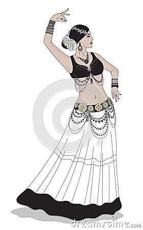 Beautiful girl dancing tribal dance. Belly dance. Cartoon Illustration