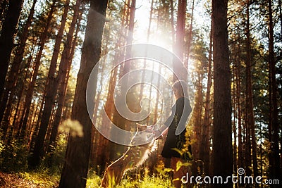 Beautiful girl in dress in the forest with her dog jumping and playing Stock Photo