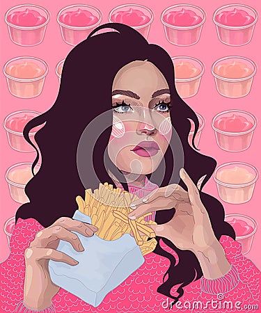beautiful girl eating french fries Vector Illustration