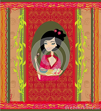 Beautiful girl enjoy sushi - Template Design Vector Illustration