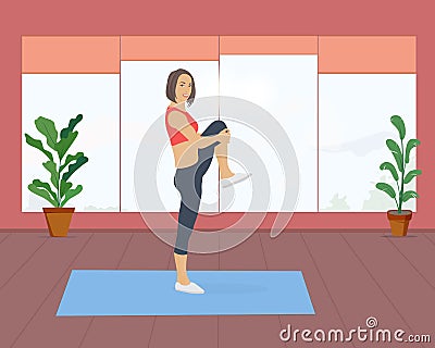 Beautiful girl exercising or warming up in the morning at home Vector Illustration