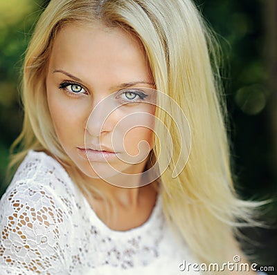 Beautiful girl face - closeup outdoor fashion portrait Stock Photo