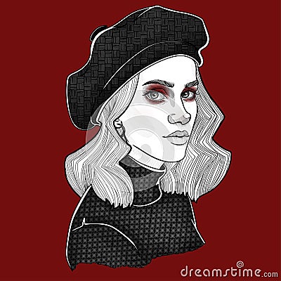 Beautiful girl with fashionable red makeup and beret hat Vector Illustration