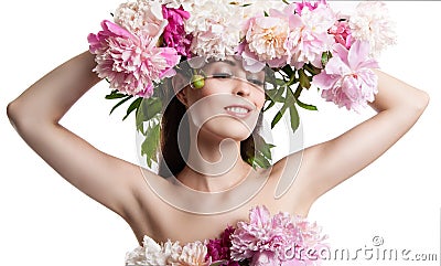 Beautiful girl with flowers peonies. Portrait of a young woman with flowers in her hair and a dress of flowers. Stock Photo