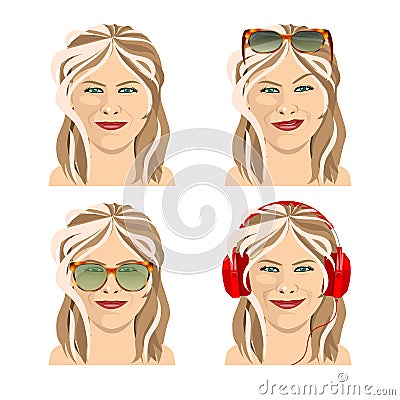 Beautiful girl with four facial expressions Vector Illustration