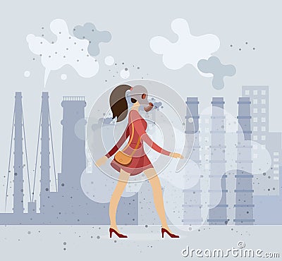 Beautiful girl in a gas mask walks along a dusty Vector Illustration