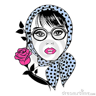 Beautiful girl in glasses and a scarf with red rose. Vector Illustration