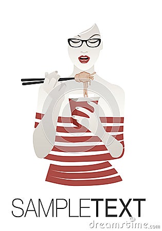 Beautiful girl with glasses wearing striped clothes eating spaghetti or noodles with chopsticks. Vector Illustration