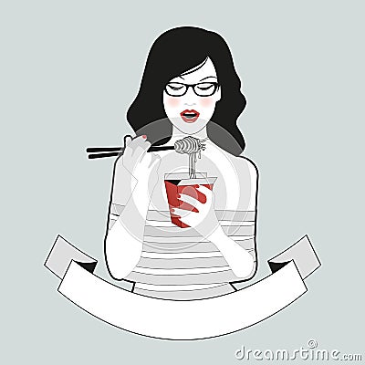 Beautiful girl with glasses wearing striped clothes eating spaghetti or noodles with chopsticks. Blank banner for your text Vector Illustration