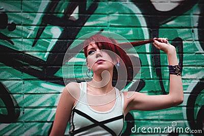 Beautiful girl and graffity wall Stock Photo