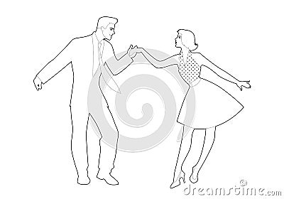 Beautiful girl and handsome man dancing rock, rockabilly, swing or lindy hop. Outlines vector illustration Vector Illustration
