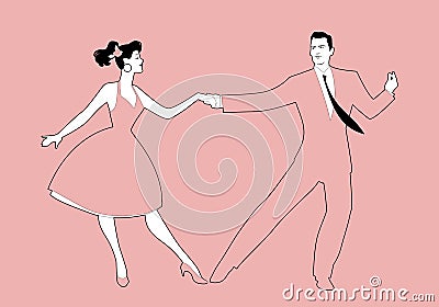 Beautiful girl and handsome man dancing rock, rockabilly, swing or lindy hop. Outlines vector illustration Vector Illustration