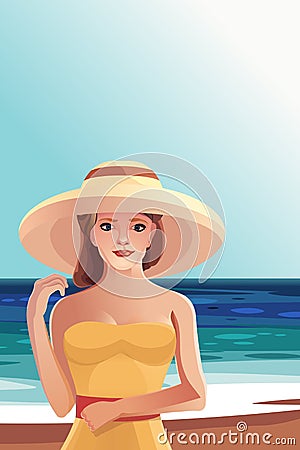 Beautiful girl in hat on beach vacation cruise, sea Vector Illustration