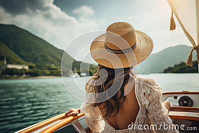 Beautiful girl in a hat on a yacht in the rays of the setting sun, A beautiful tourist woman, seen from the rear, with a sun hat, Stock Photo