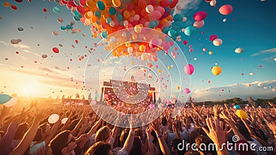 A beautiful girl is having fun at a music festival with friends among a sea of colorful confetti and fluttering balloons Stock Photo