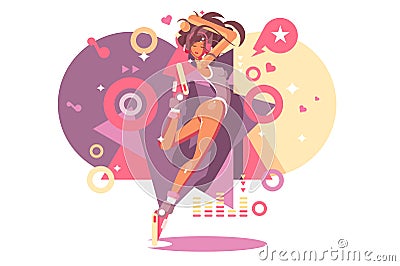 Beautiful girl in headphones dancing in night club Vector Illustration