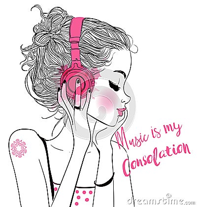 Beautiful girl with headphones Vector Illustration