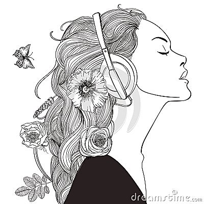 Beautiful girl with headphones Vector Illustration