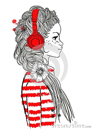 Beautiful girl with headphones Vector Illustration