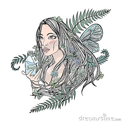 Beautiful girl holding a bottle of cosmetics. Leaves of plants in her hair - a symbol of natural cosmetics. Vector Vector Illustration