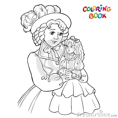 Beautiful girl holding a doll on hands. outlined picture for coloring book on white background Vector Illustration