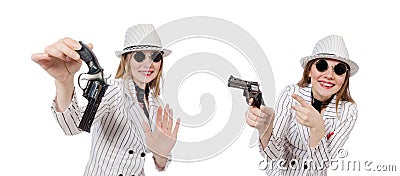 The beautiful girl holding hand gun isolated on white Stock Photo