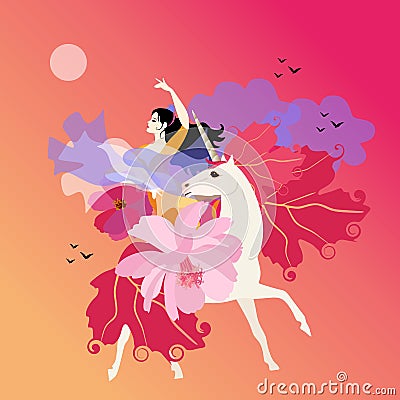 Beautiful girl holds in her hands shawl in the shape of flying bird and rides unicorn on background of clouds and sunset sky. Cartoon Illustration