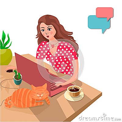 Beautiful girl at the home table communicates with her boyfriend online. The concept of online dating Stock Photo