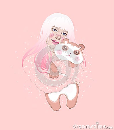 Beautiful girl hugging a panda Vector Illustration