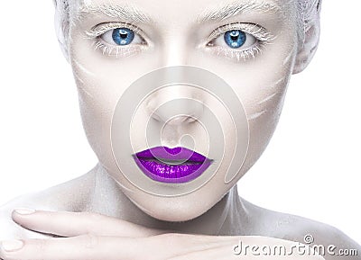 Beautiful girl in the image of albino with purple lips and white eyes. Art beauty face. Stock Photo