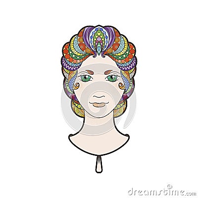 Beautiful girl with intricately patterned, zentangle braid and bright eyes. Vector Illustration