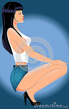 Beautiful girl in jeans shorts sitting Vector Illustration
