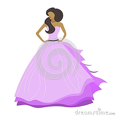 Beautiful girl, lady, brunette, cute princess in a light purple fluffy floor-length dress. girl with long hair. Bride. Wedding. Vector Illustration
