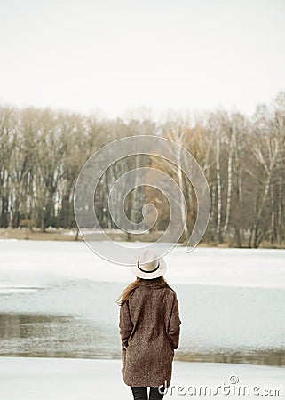 Beautiful girl on the lake and the forest Stock Photo