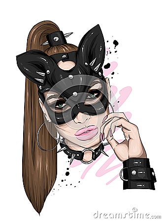 Beautiful girl in leather mask. Sex and BDSM, love. Underwear. Vector illustration for greeting card or poster, print for t-shirt. Vector Illustration