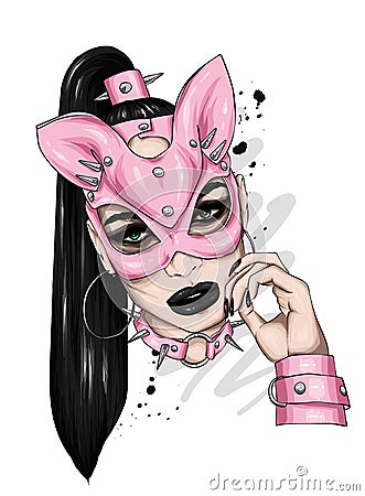 Beautiful girl in leather mask. Sex and BDSM, love. Underwear. Vector illustration for greeting card or poster, print for t-shirt. Vector Illustration