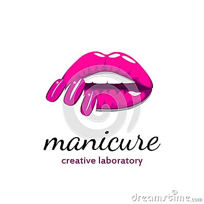 Beautiful girl lips with bright pink manicure nails. Beauty Logo, banner, poster. Vector illustration Vector Illustration