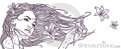 Beautiful girl with long hair and lily flowers. Linear graphic drawing. Realistic graphic illustration Cartoon Illustration