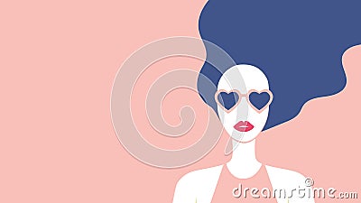 Beautiful girl with long hair and red lipstic wearing heart shaped sunglasses. Stylish young woman fashion poster Vector Illustration