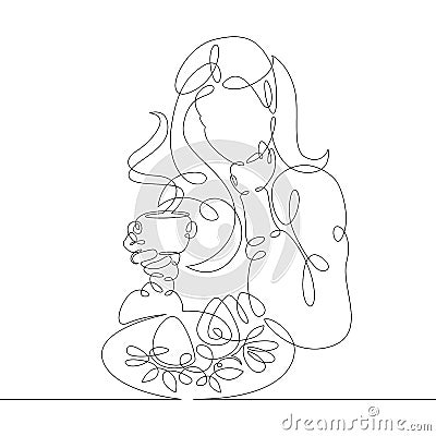 Beautiful girl with long hair sits before a meal. Morning light breakfast. Hot drink coffee tea. Cartoon Illustration
