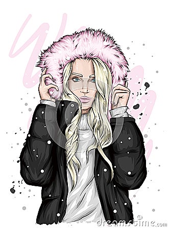 Beautiful girl with long hair in a warm jacket and a hood with fur. Fashion and style, clothes and accessories. Autumn and winter. Vector Illustration