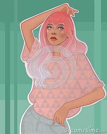 beautiful girl with long pink hair Vector Illustration
