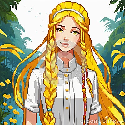 Beautiful girl with long yellow hair, pixel art Stock Photo