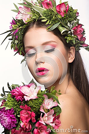 https://thumbs.dreamstime.com/x/beautiful-girl-lot-flowers-their-hair-bright-pink-make-up-spring-image-beauty-face-picture-taken-studio-51822153.jpg