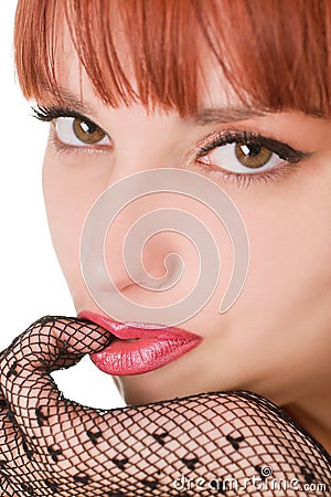 Beautiful girl with mesh gloves Stock Photo