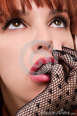 Beautiful girl with mesh gloves Stock Photo