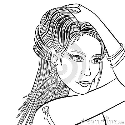 Beautiful girl. Model. Coloring book. Print Fashionable Vector illustration Vector Illustration