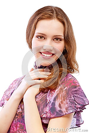 Beautiful girl in motley dress smiles Stock Photo