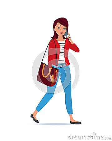 Girl office worker goes home from work, talks on phone. Vector Illustration