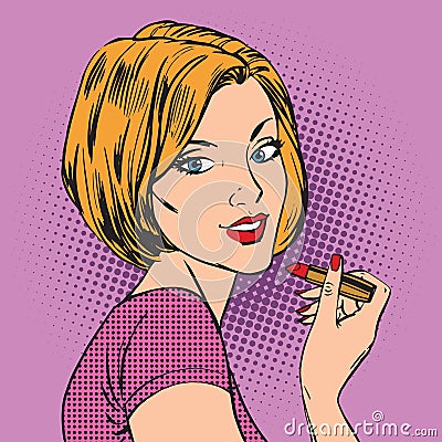 Beautiful girl paints her lips red lipstick pop Vector Illustration
